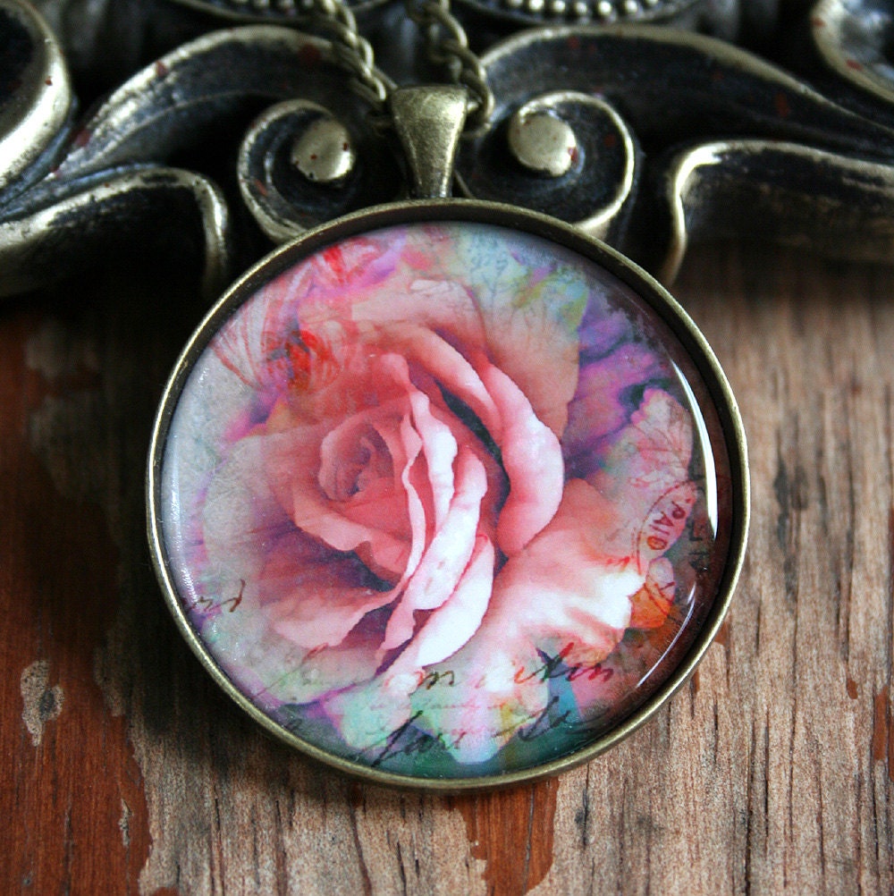 VINTAGE ROSE colorful rose blossom art paper glass pendant on 18" chain, gift boxed