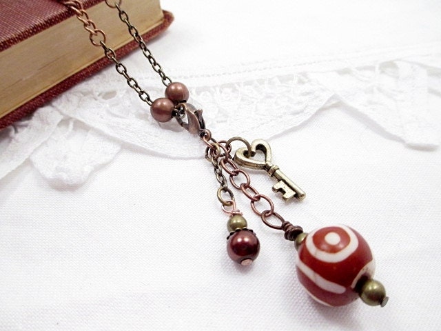 Lariat Necklace Beaded Jewelry Upcycled Skeleton Key Charm Short Steampunk Victorian Red Glass Pearl