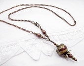 Metallic Lariat Bead Necklace Handmade Beaded Jewelry Short Metallic Bronze Copper Victorian Boho Steampunk Romantic Upcycled Flower Floral