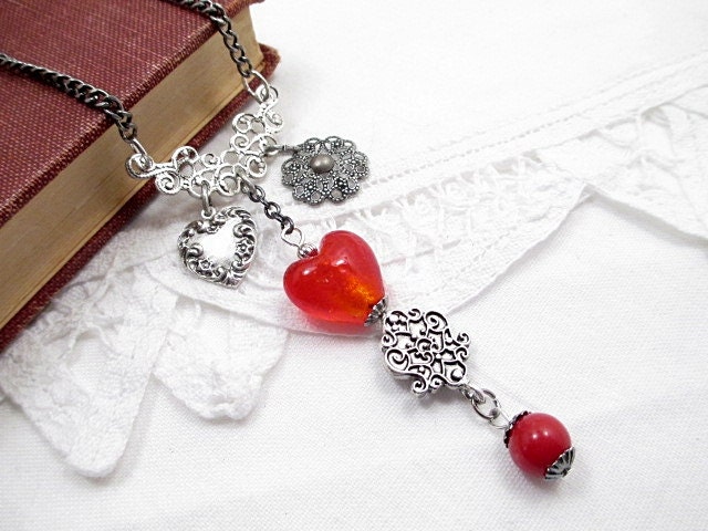 Silver Metal Lariat Red Bead Necklace Beaded Jewelry Handmade Victorian Bohemian Steampunk Romantic Red Upcycled Heart Charm