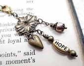 HOPE Bronze Inspirational Necklace Romantic Beaded Jewelry Handmade Upcycled Victorian Heart Love Pearl Flower Charm Necklace