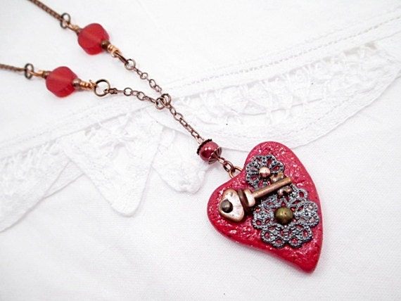 Red Bead Necklace Handmade Beaded Jewelry Victorian Boho Steampunk Goth Skeleton Key Copper Mixed Media Heart Love
