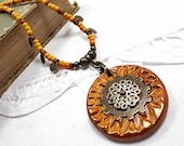 Steampunk Bead Pendant Necklace Beaded Jewelry Gold Yellow Handmade Victorian Gears Metal Lace Flower Seed Bead Stamped Clay