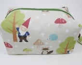 Small Zippered Project Bag - Woodland Gnomes with Hedgehog, Raccoon, Toadstools and hedgehog bead zipper pull