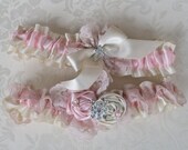 Bridal Wedding Garter and Toss- Vintage Shabby Chic Garter with Pearls and Crystals/Blush and Bling