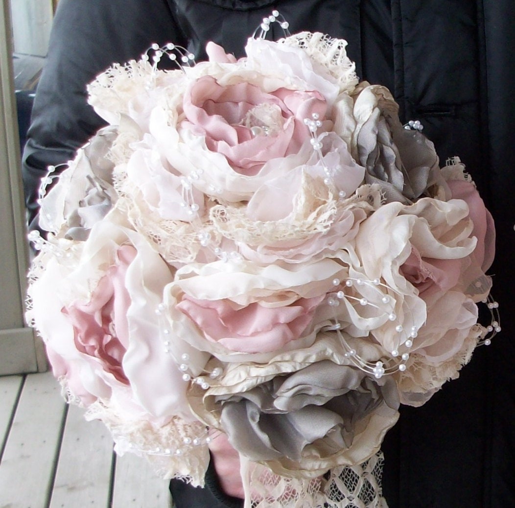 Fabric Bouquet/Vintage Inspired Shabby Chic Fabric Wedding Bouquet/ Bridal Bouquet with Pearls and Crystals,and Rhinestones