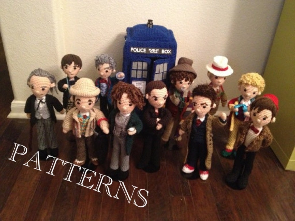 PATTERNS Set of 12 Doctors Who Time Travel Crochet Amigurumi Doctor plus Police Box
