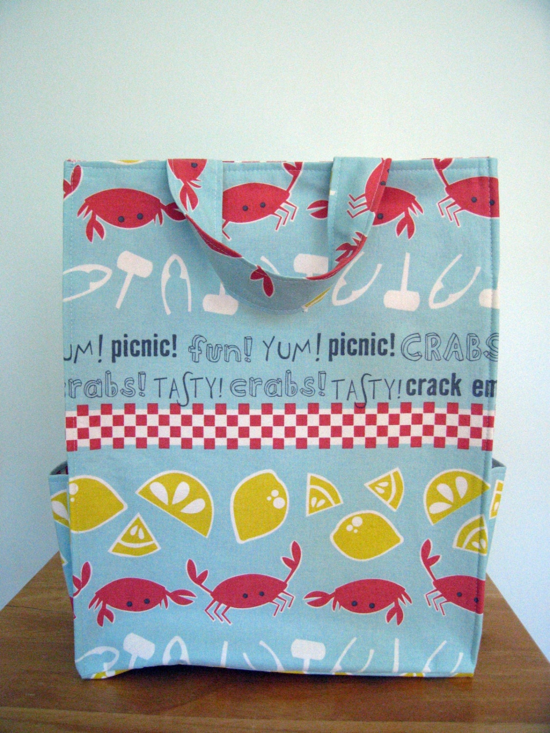 Blue Eco-Friendly Grocery Market Tote Carry All Bag with Crabs, Lobsters, Lemons - Crabtastic Fabric