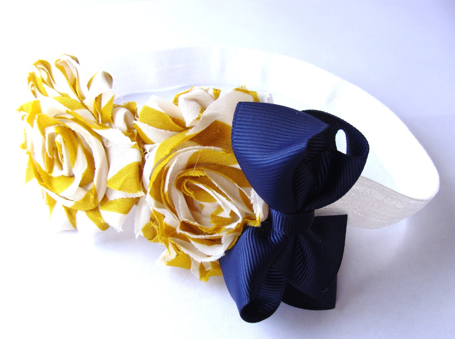 Flower Headband- Mustard and White Striped Shabby Flower with Navy Blue Bow- Newborn, Infant, Toddler, Child, Teenager or Adult