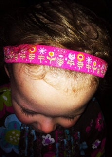 Handmade 7/8" hot pink with orange  flowers ribbon headband stretches to 22" size Medium