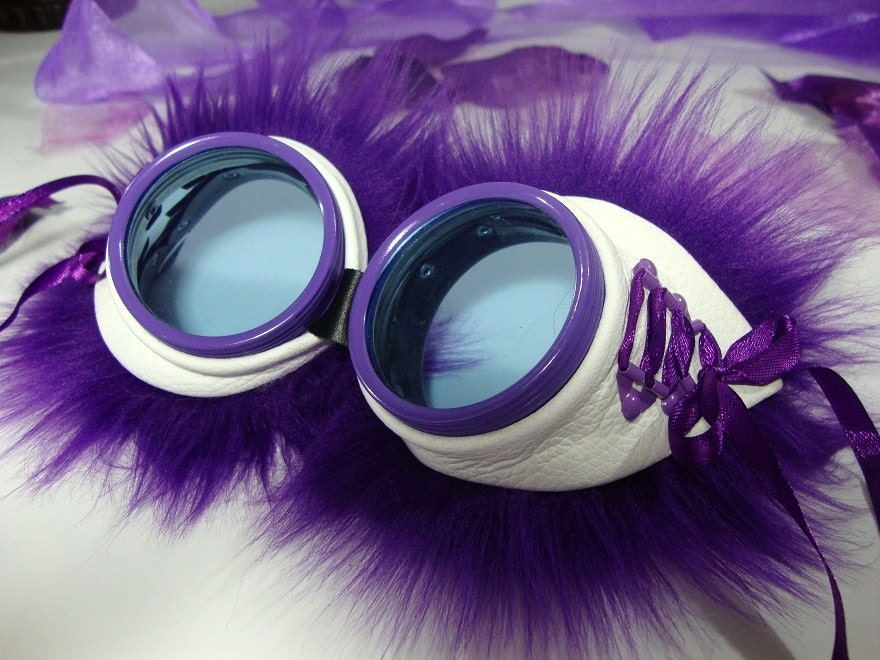White Cowhide leather with purple corsette laces and faux fur accents victorian goggles. Playa wear. burning steampunk man