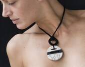Necklace circle pendant black and white ceramic raku pendant