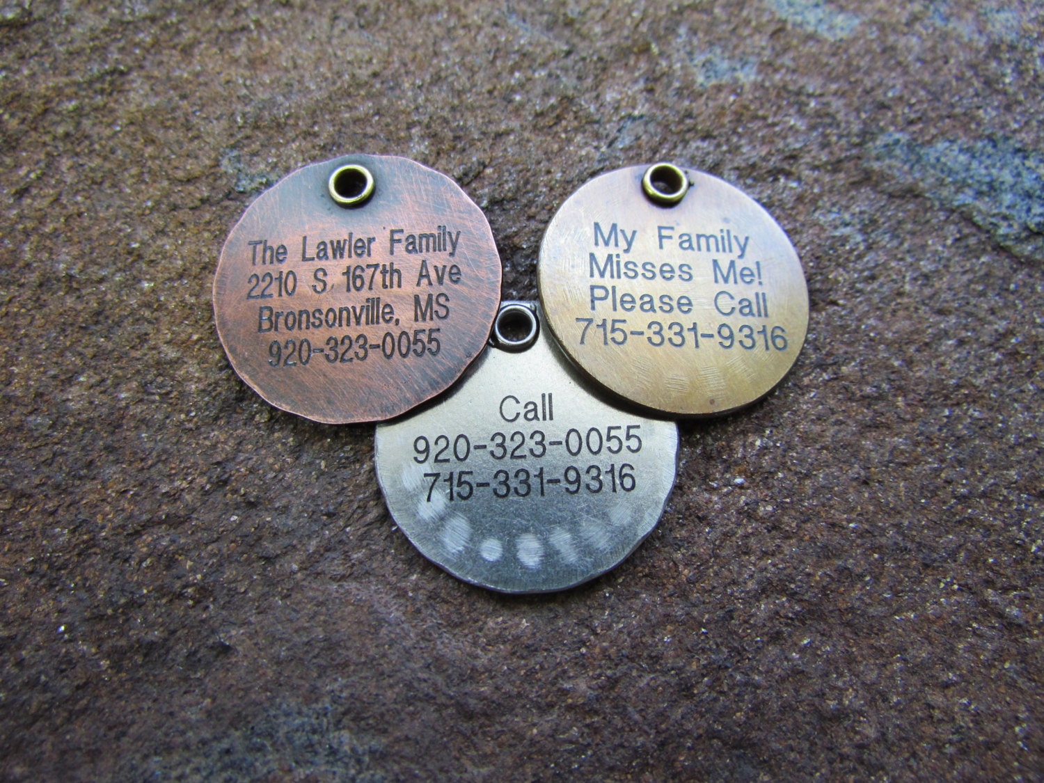 Pet Tag - Pet ID Tag - Dog Tag with Bow/Ribbon, Heart or Paw Print Charm in Nickel, Copper or Brass