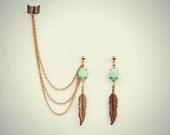 mint green and feather ear cuff, feather earrings, mint green earrings, tribal feather, gold earrings