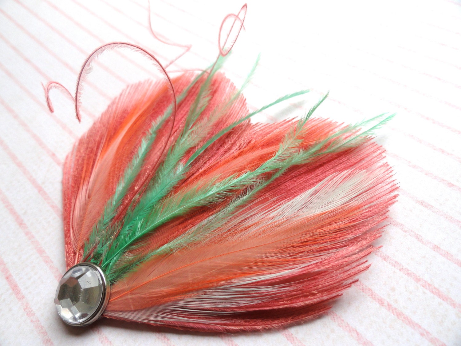 DREAM in Coral, Mint, Shrimp, and Pink Peacock Feather Hair Clip, Feather Fascinator