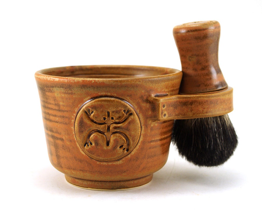 Mens Shaving Set, Brown Tree Frog Coqui Shave Mug, Black Badger Hair Shave Brush and Shave Soap, Gift for Dads and Grads by MiriHardyPottery