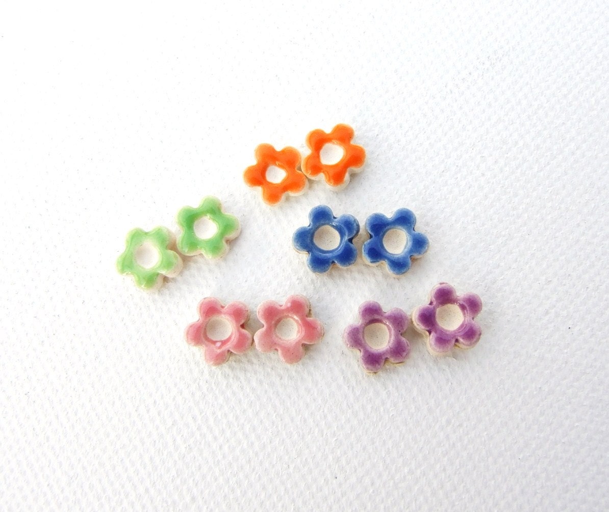 Colourful tiny flower earrings ceramic stud posts Summer time