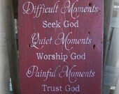 Inspirational, Happy Moments Praise God etc., Subway Art Typography Sign. Hand painted, Red and Ivory white. Barn wood. Religious.