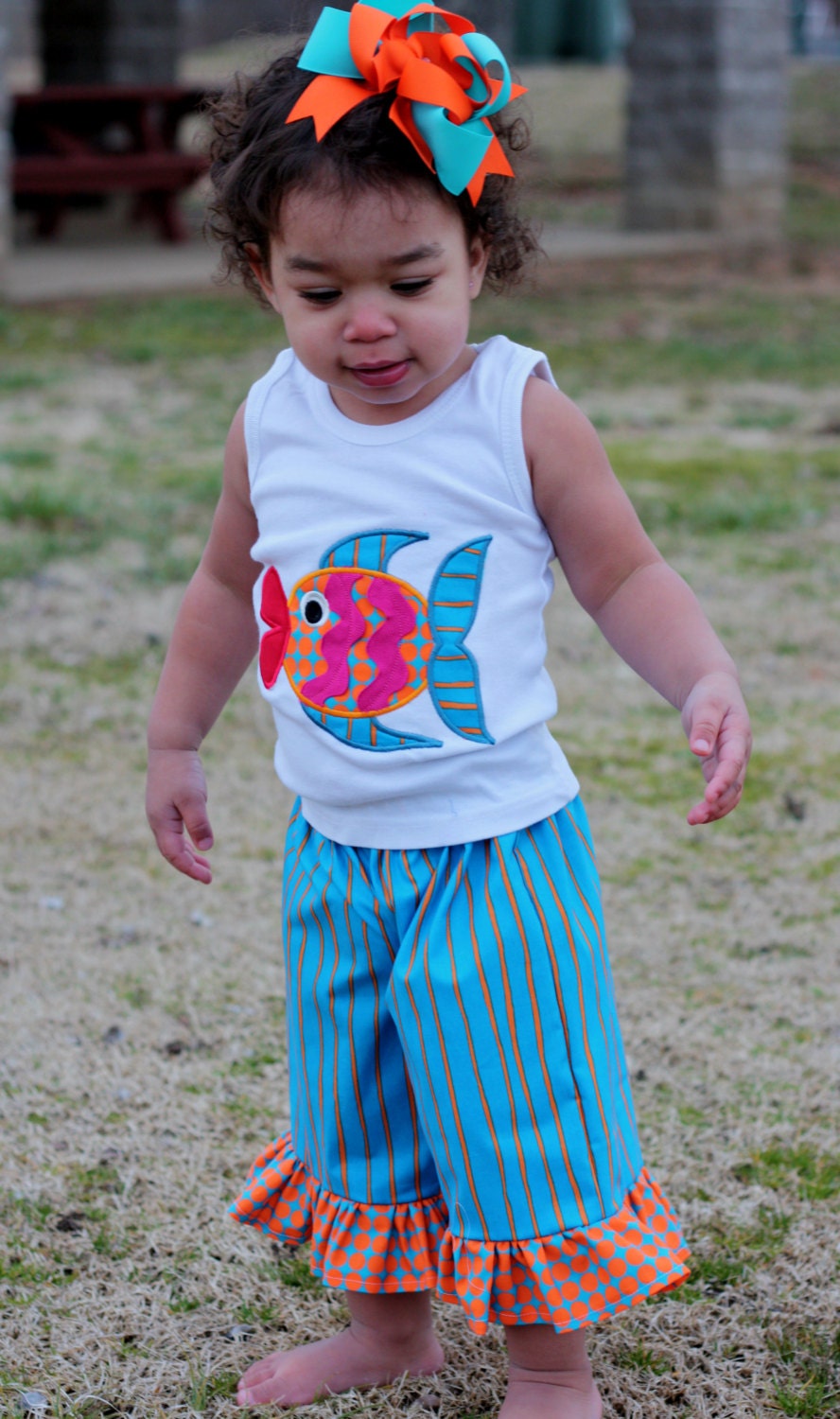 Big Lips Turquoise and Orange Spring and Summer Ruffle Capri and Tank set by pumpkinpiegirl.  Free personalization