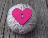 candy confetti recycled pin cushion big pink heart button handcrafted upcycled dryer lint yarn wrapped unique fun quirky sewing notion