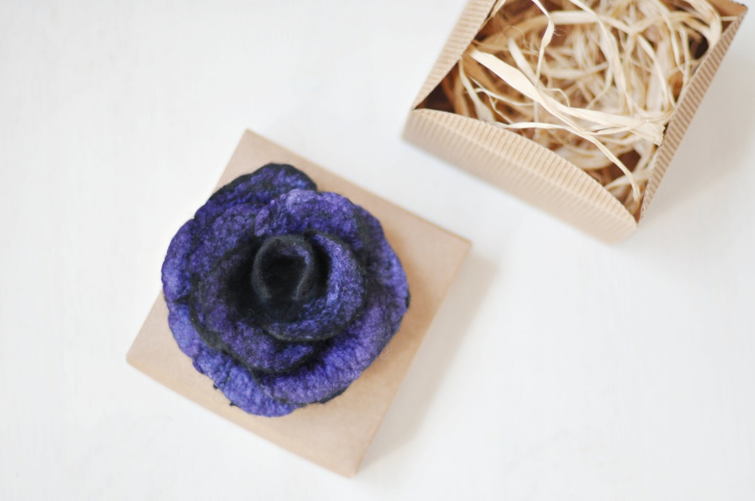 Ready to ship - Black and purple felt flower brooch - Bonjour - With box - Wool Silk - Black, Purple, Violet handmade brooch