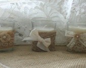 Vintage IVORY lace wedding tea candles, Burlap wedding decor, 10 hour vintage wedding candless
