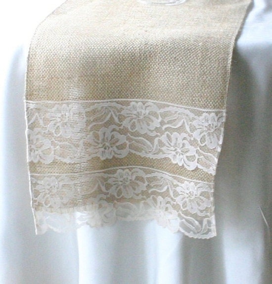 Burlap and lace table runners, Burlap wedding decor, Shabby chic, ructic chic, cottage chic, French country wedding
