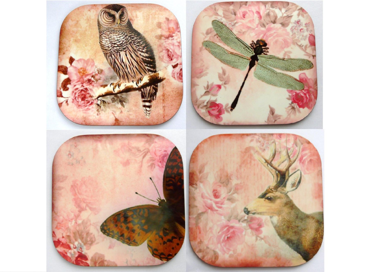 Owl Coaster, Deer Coaster, Dragonfly Coaster, Butterfly Coaster, Set of 4, Nature, Animal, Shabby Chic