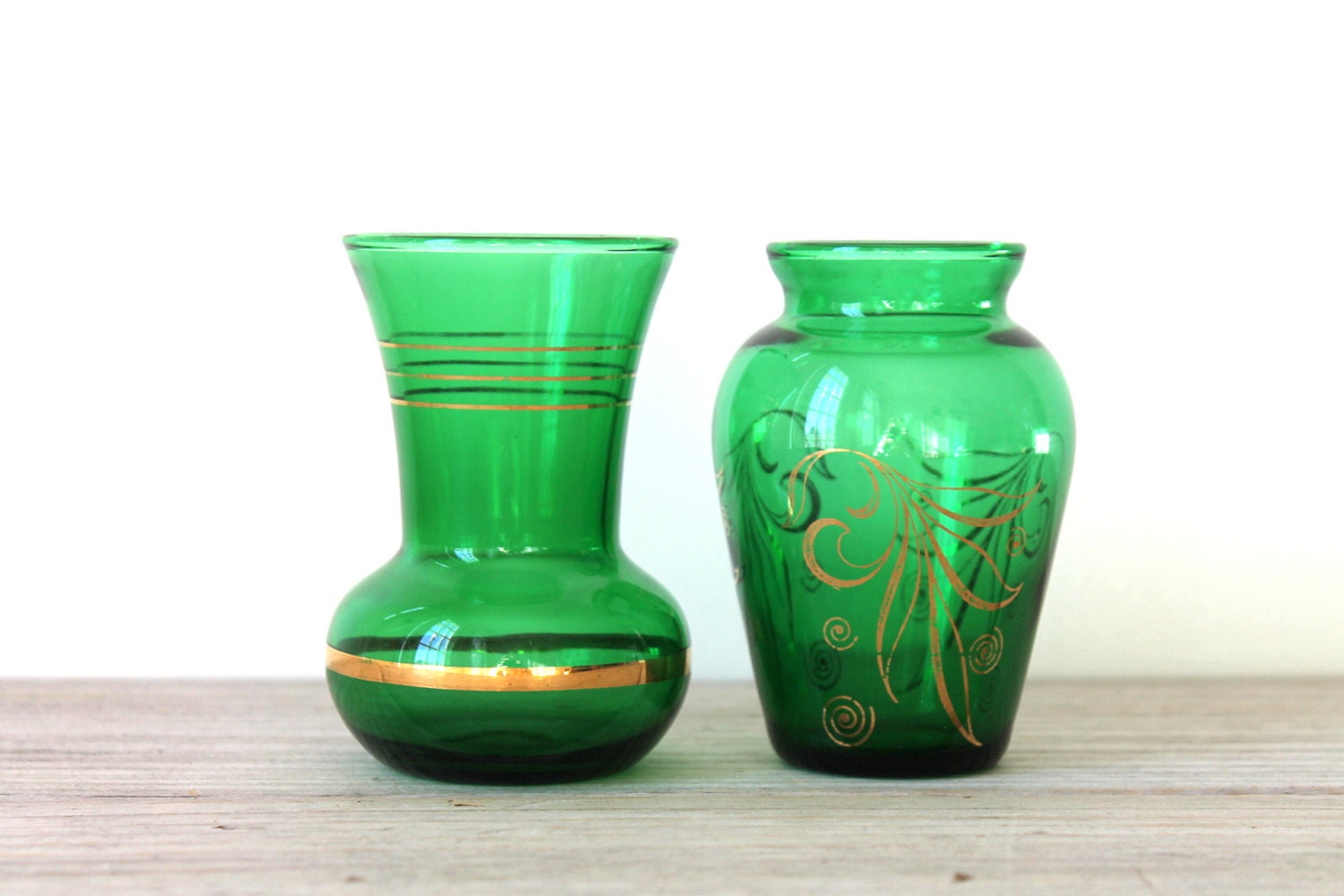 Vintage green glass vase set / absinthe green / mid century / home decor / art deco style / emerald green / collectable glass / gift idea
