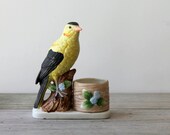 Vintage hand painted bird figurine planter / bisque porcelain / yellow songbird / cottage chic / collectible home decor / bird trinket cup