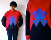 Vtg Bold Abstract Print Black Purple Blue Red Oversize Knitted Sweater
