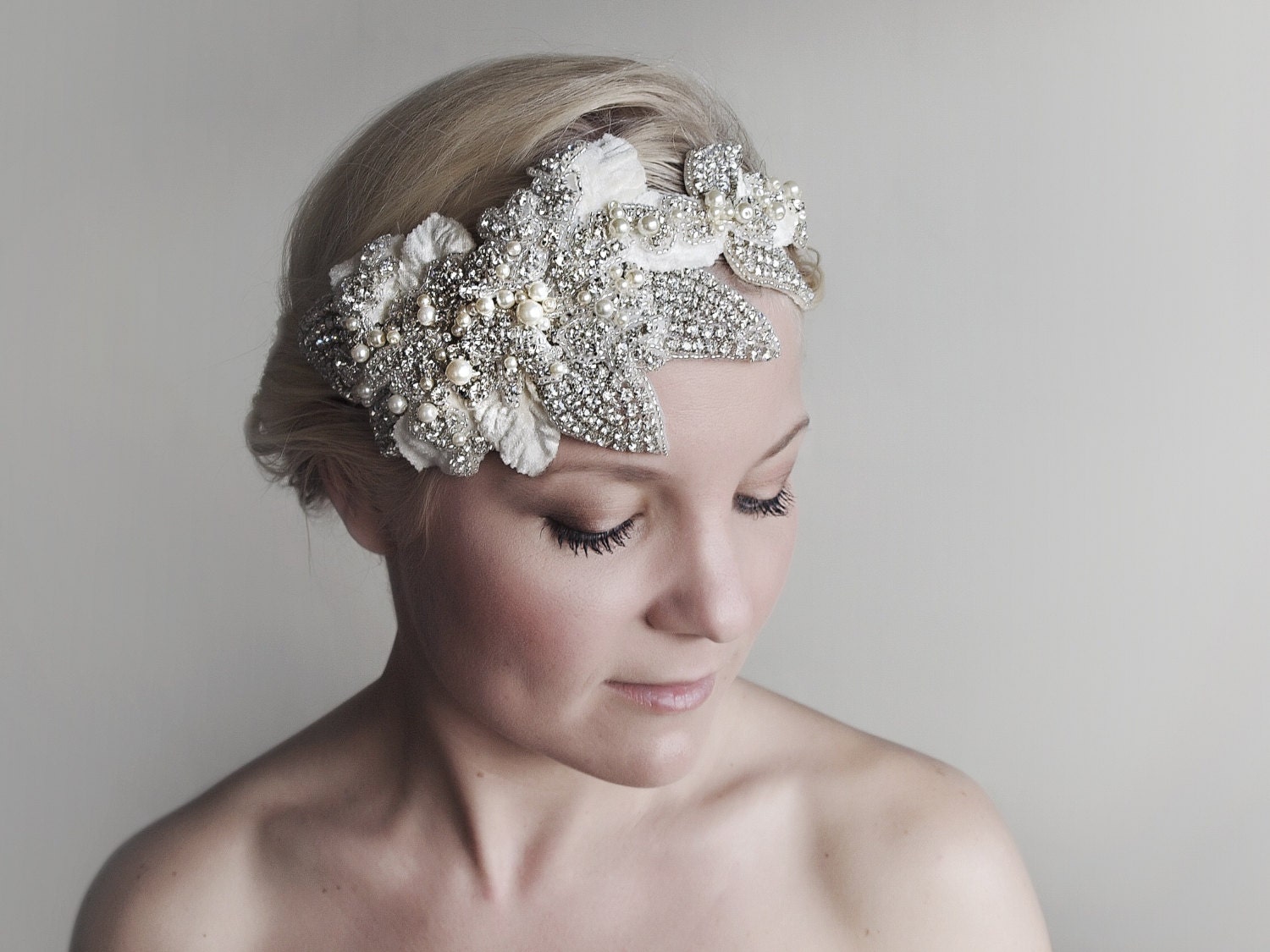 wedding bridal headband, bridal headpiece, Lady Posh pearl and rhinestone crystal sparkle headband side tiara. Truely unique
