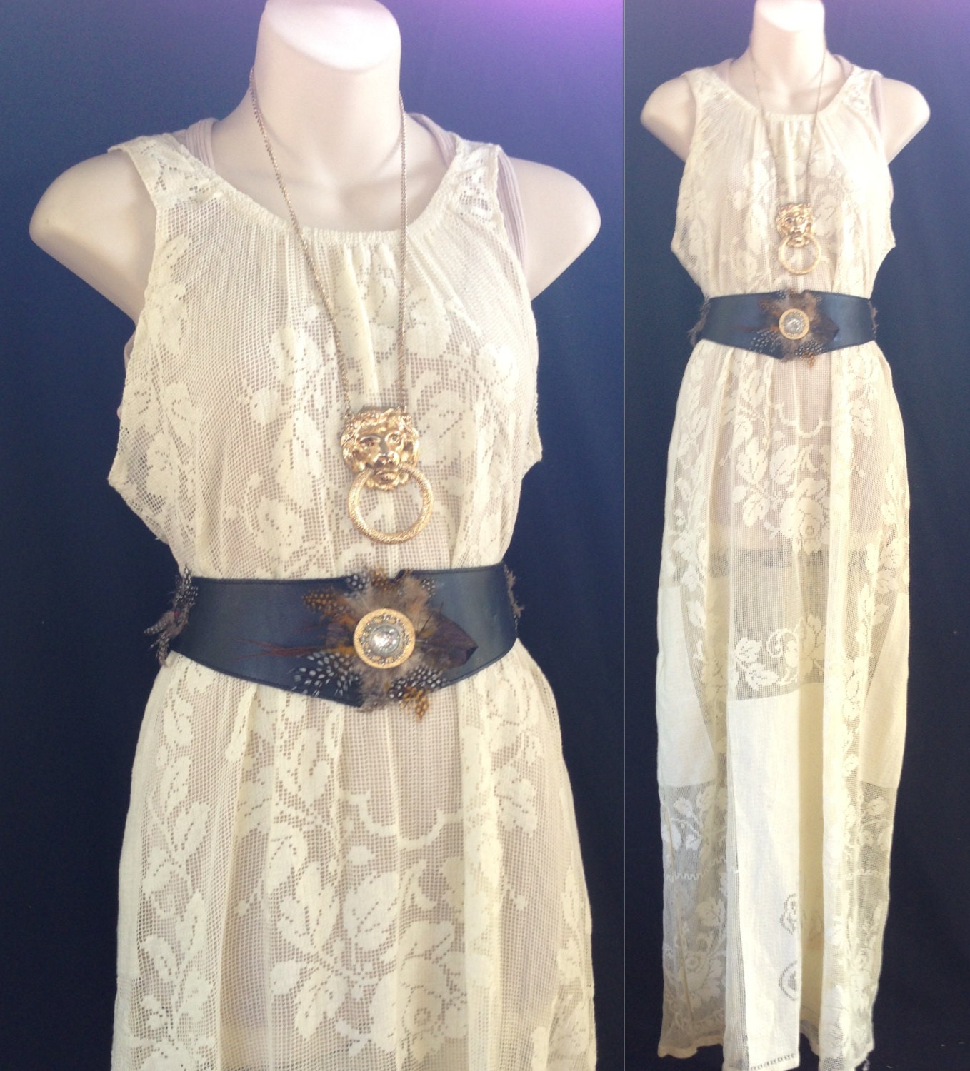 handmade from VINTAGE crochet lace deepv plunge maxi dress or vest, boho gypsy ONEOFF hippie dress, butterfly kaftan batwing sleeves