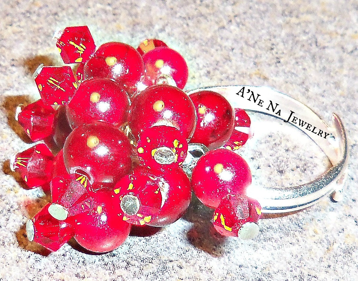 Earring and Ring Set  Genuine Coral, Swarovski Crystals and Quartzite "Divalicious Red"