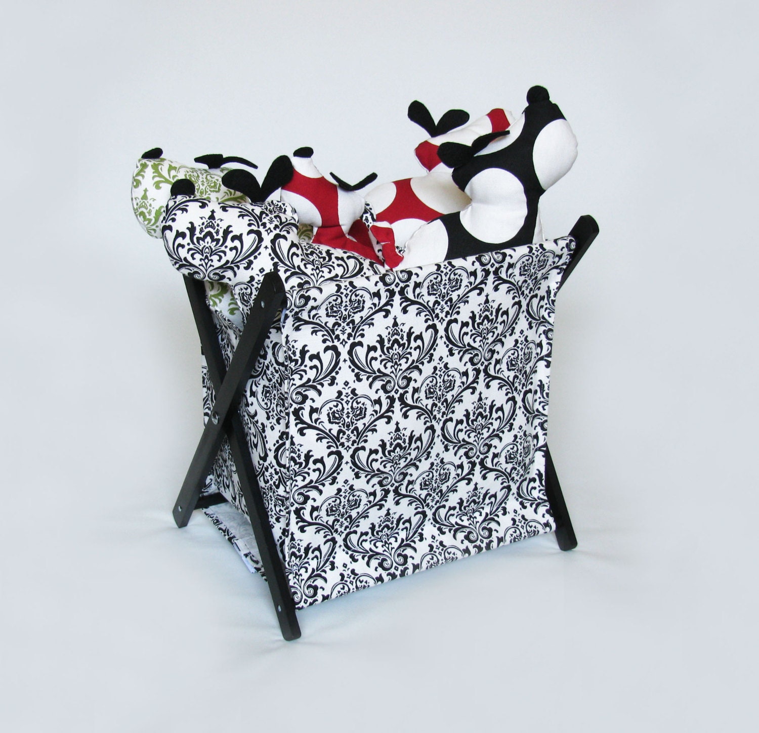 White with Black Damask Pet Toy Hamper with frame
