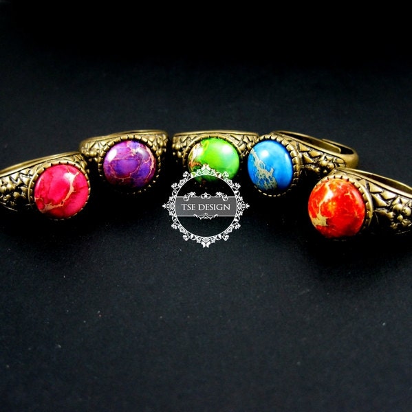 Antiqued adjustable victorian style retro vintage flower engraved pink,blue,green,purple imperial jasper cabochon bronze brass ring