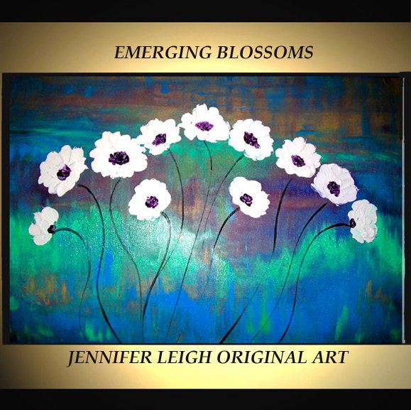 Original Large Abstract Painting Modern Contemporary Canvas Art Purple Green White EMERGING BLOSSOMS 36x24 Palette Knife Texture Oil J.LEIGH