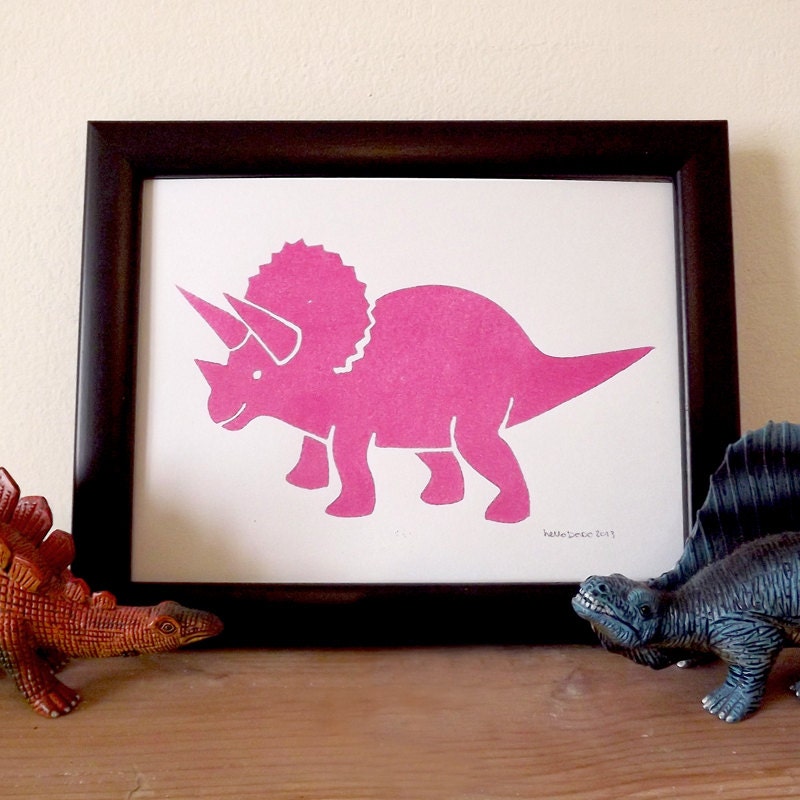 Dinosaur Triceratops Print in Pink by hello DODO - Handprinted Kids Room Decor