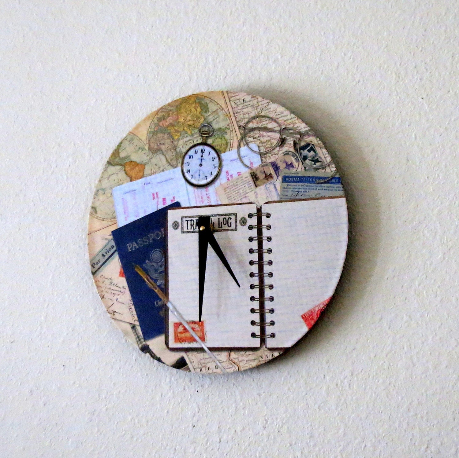 Unique Wall Clock, Shabby Chic  Wall Clock, Home Decor, Decor and Housewares, Travel Log Decor, Home and Living, Graduation Sale