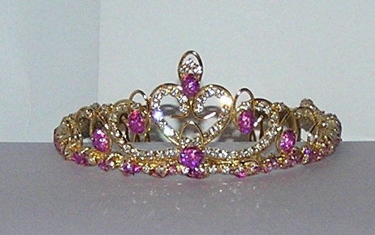 pink and purple mix cabochon Gold plated   tiara with combs wedding bridal prom flower girl birthday party