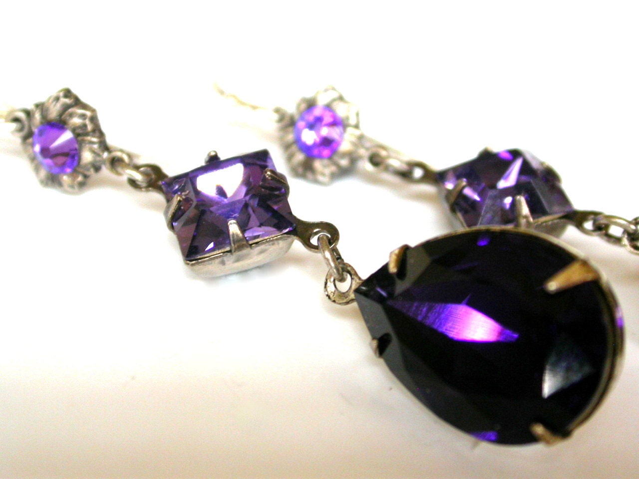 Purple Velvet Swarovki Crystal Dangling Earrings on Silver - Victorian Jewelry - Angelina Jolie Inspired Earrings