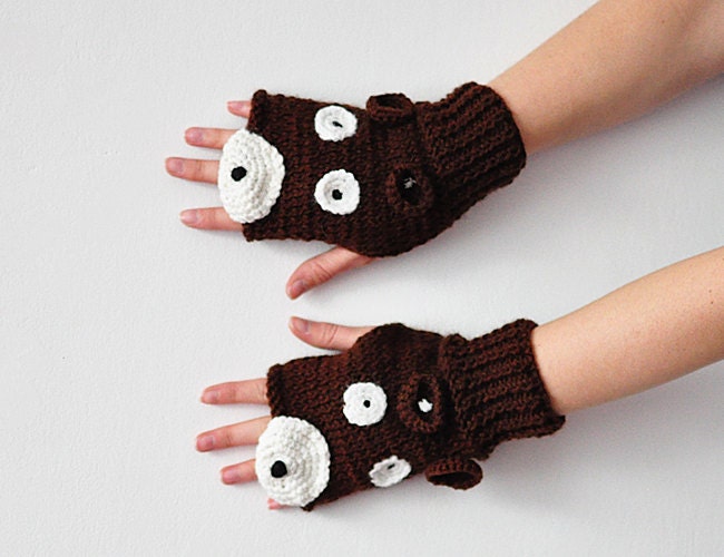 For KIDS BEAR fingerless GLOVES unisex Mittens Gift Wool Crochet Winter Woman Man Boy Girl Teens Cozy Brown Red Forest Animals Woodland