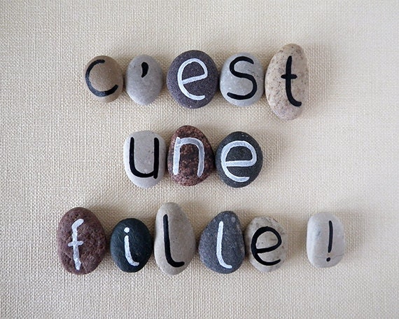 C'est Une Fille, It's a Girl in French, 14 Magnets Letters, Custom Quote, Beach Pebbles by Happy Emotions, Gift Ideas, Sea Stones, Rocks