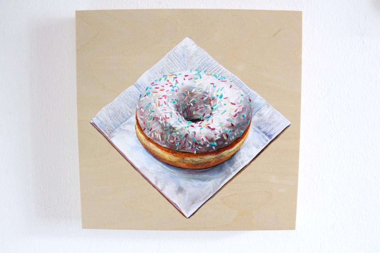 Original Painting Photorealism, Doughnut Still Life, White Coffee Shop Kitchen Art, Acrylic on Wood Panel