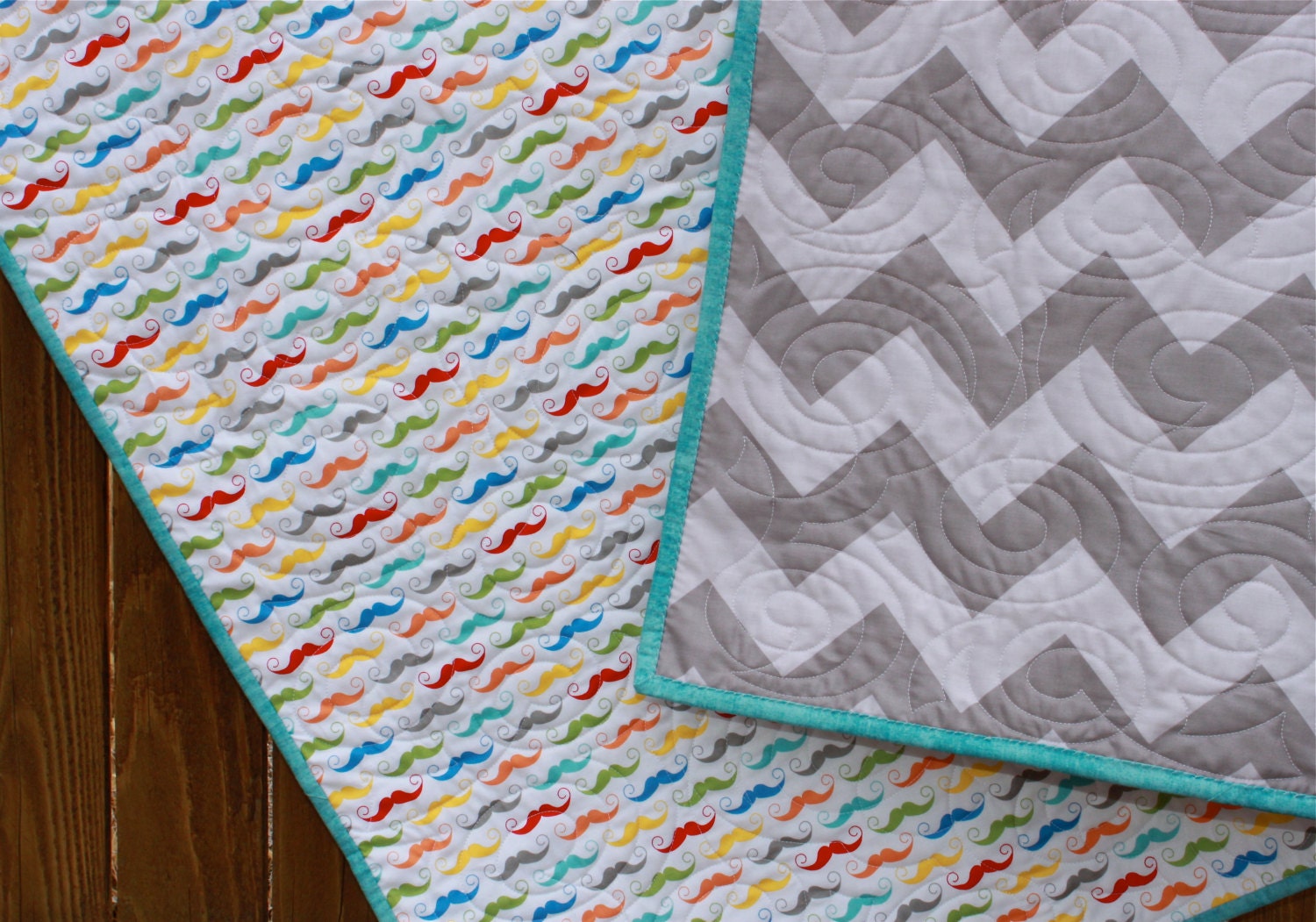 Mustache Baby Boy Quilt - MADE TO ORDER - Gray Chevron Reversible Handmade Blanket Red Yellow Orange Green Blue Moustache