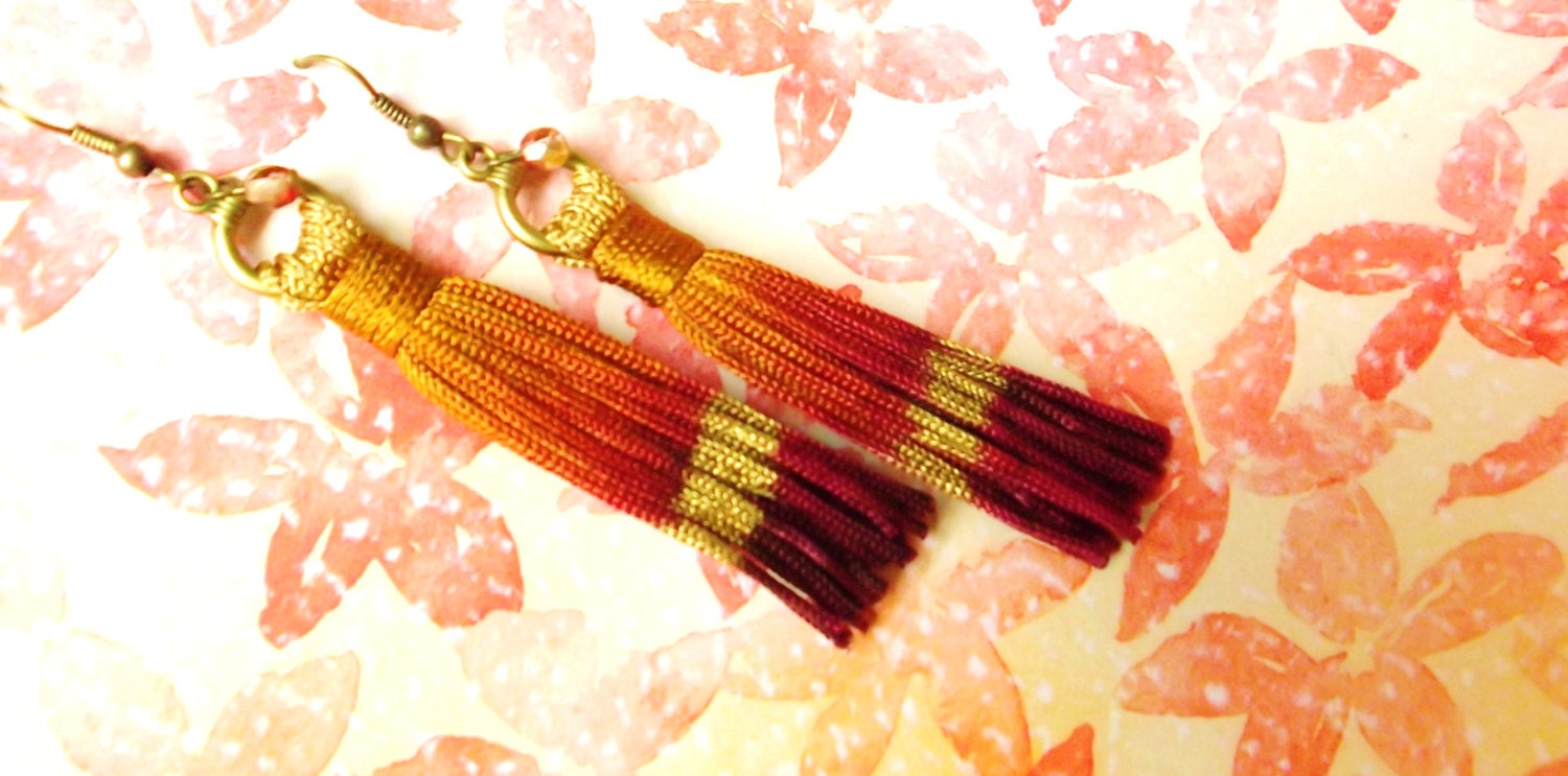 Tassel Earrings - Hand Dyed Gold Orange and Maroon Ombre