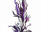 Abstract pen and ink drawing, purple and black, "Mystify"