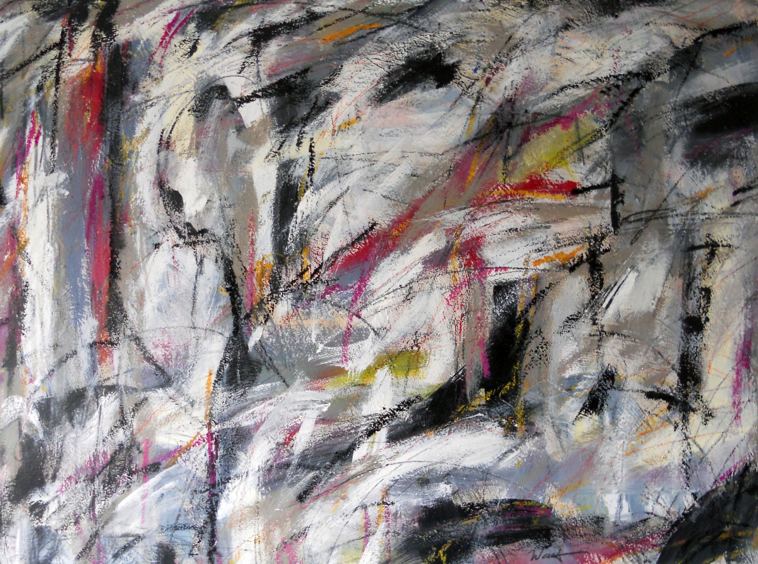 Art After Dark 1, 4-6-13  ( black / grey / white / gold / red abstract expressionist painting )