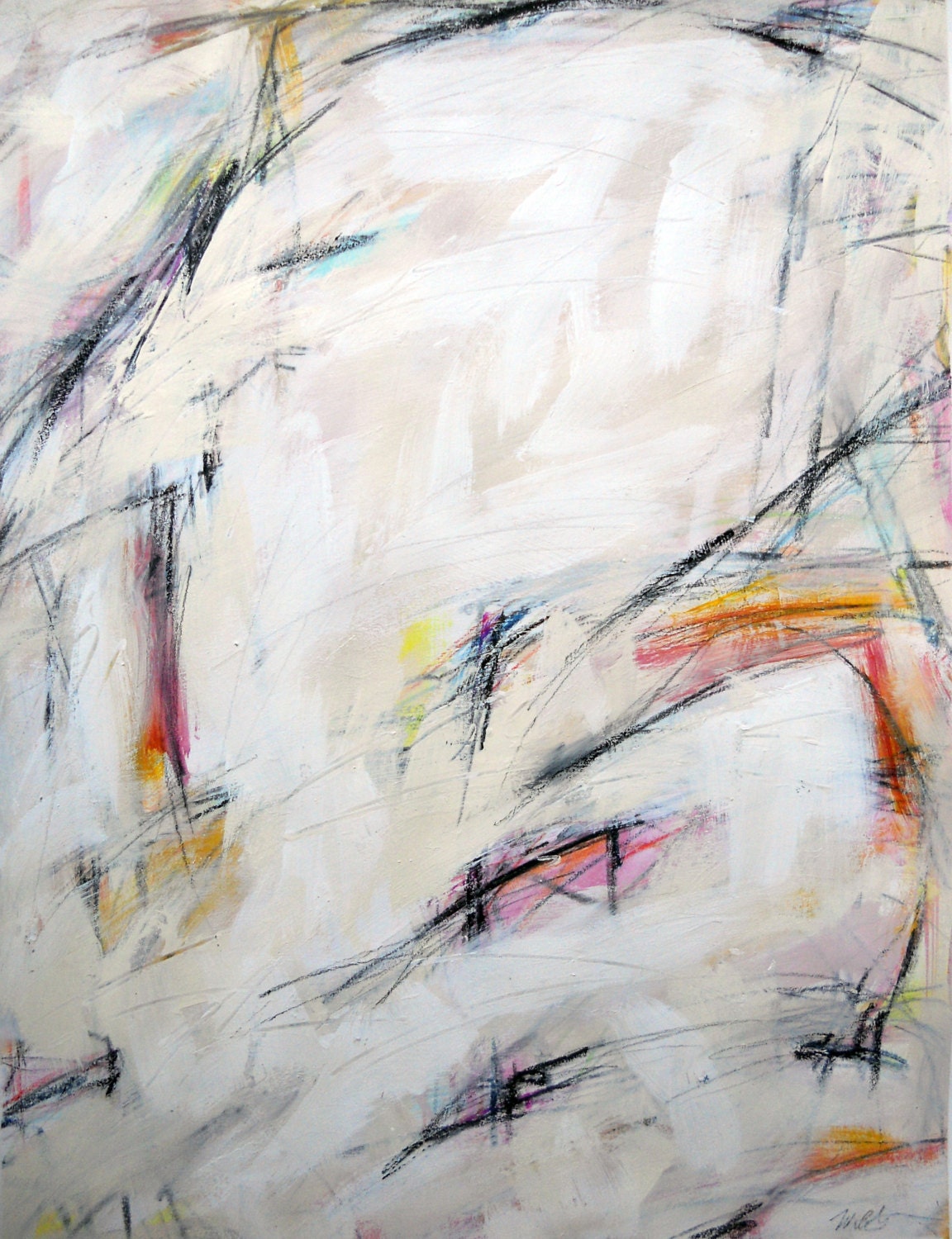 In My Dark Hour 2, 5-4-13 (abstract expressionist painting, black, pastel, blue, yellow white, cream)