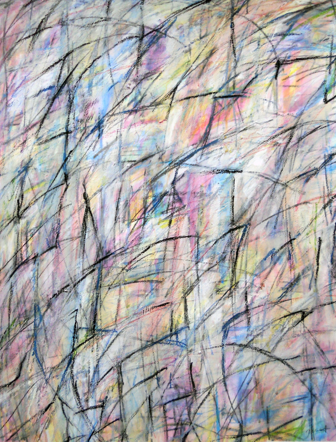 5-11-13 (abstract painting, black, white, yellow, purple, blue, green, gold, red)